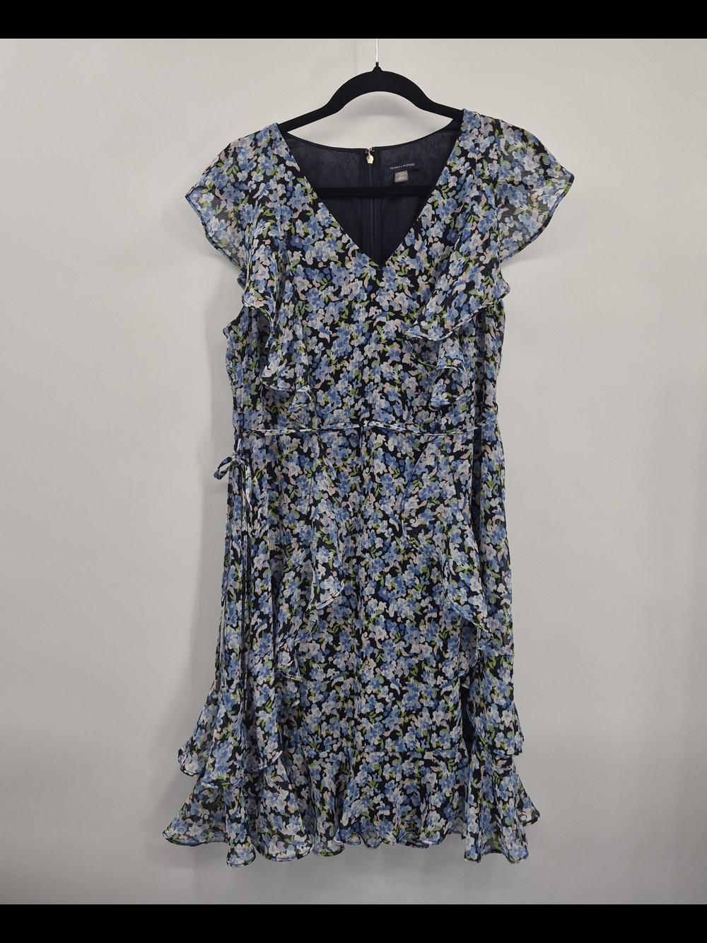 Tommy Hilfiger Floral Cap Sleeve Fit Flare Blue Floral Dress Women Size 14